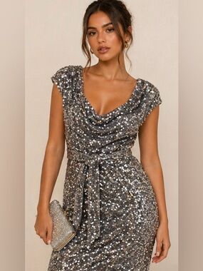 Boohoo Silver Sequin Belted Midi Dress | Cowl Neck Party Dress | Size 12